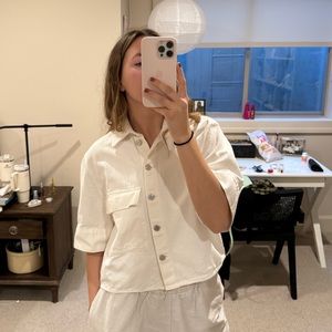 Zara White denim cropped short sleeve with silver buttons
